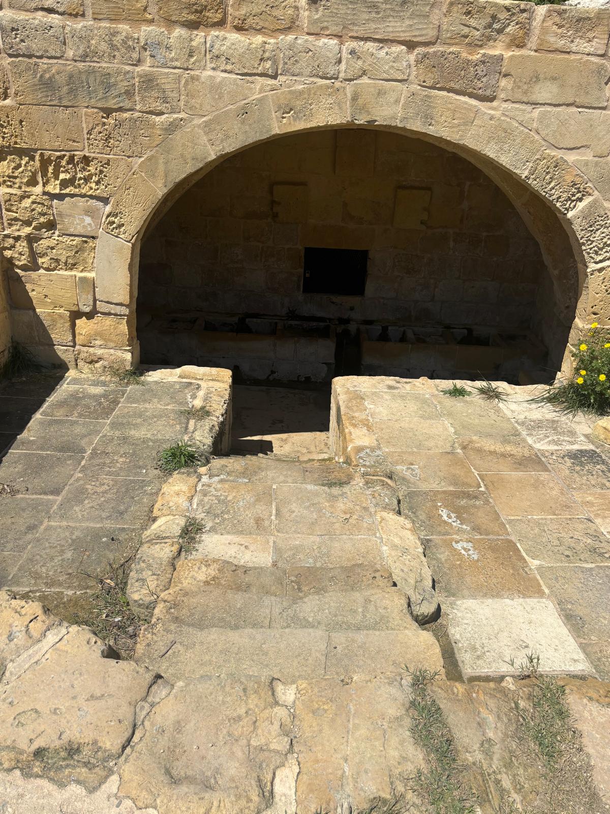 Limestone flagstone steps descending into the shaded Għajn Tuta washing area